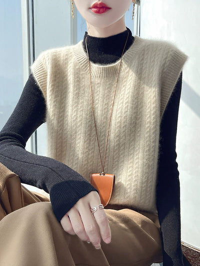 Women Autumn Casual Pure Color O-Neck Knitted Vest