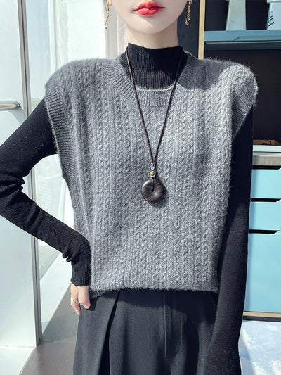 Women Autumn Casual Pure Color O-Neck Knitted Vest