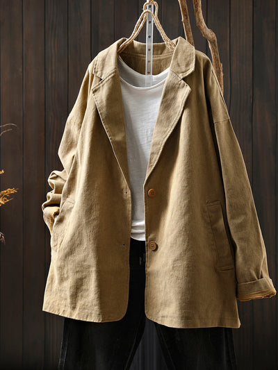 Plus Size Women Autumn Pure Color Cotton Cardigan Coat