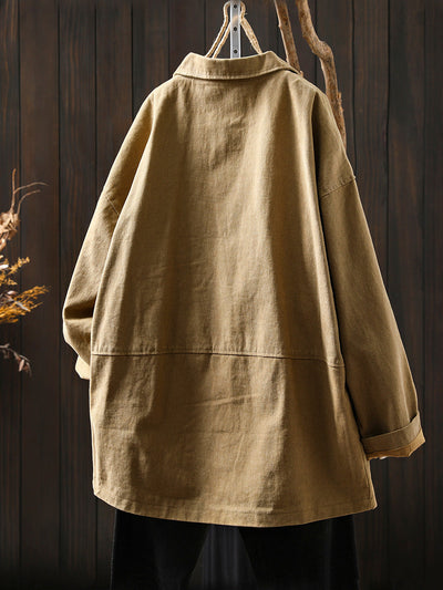 Plus Size Women Autumn Pure Color Cotton Cardigan Coat