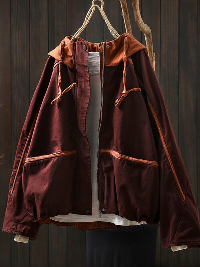 Women Autumn Colorblock Hooded Cotton Cardigan Coat