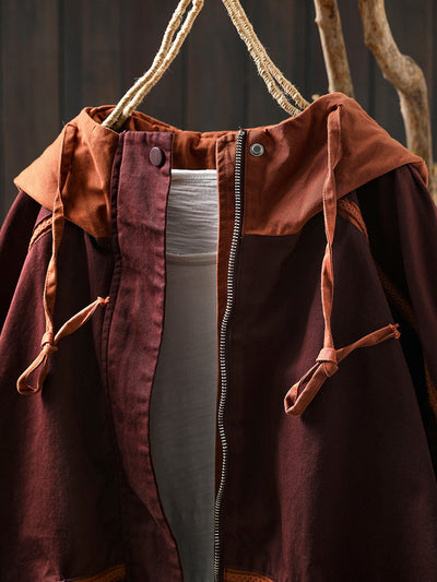 Women Autumn Colorblock Hooded Cotton Cardigan Coat