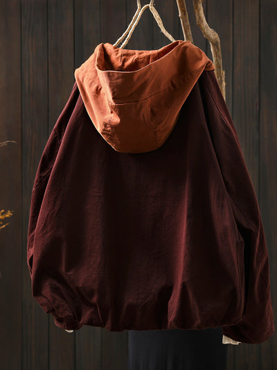 Women Autumn Colorblock Hooded Cotton Cardigan Coat