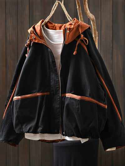 Women Autumn Colorblock Hooded Cotton Cardigan Coat