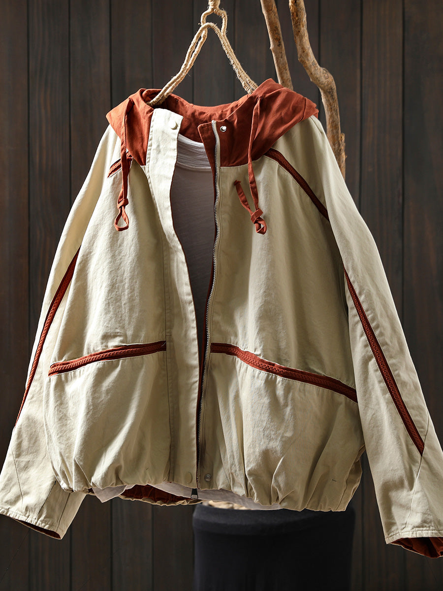 Women Autumn Colorblock Hooded Cotton Cardigan Coat