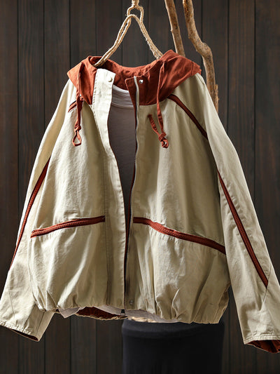 Women Autumn Colorblock Hooded Cotton Cardigan Coat