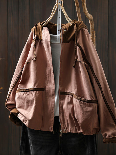 Women Autumn Colorblock Hooded Cotton Cardigan Coat