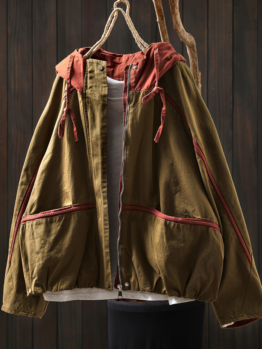 Women Autumn Colorblock Hooded Cotton Cardigan Coat