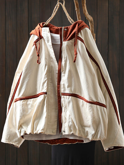 Women Autumn Colorblock Hooded Cotton Cardigan Coat