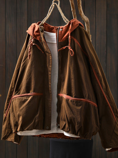 Women Autumn Colorblock Hooded Cotton Cardigan Coat