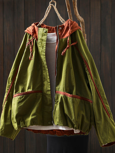 Women Autumn Colorblock Hooded Cotton Cardigan Coat