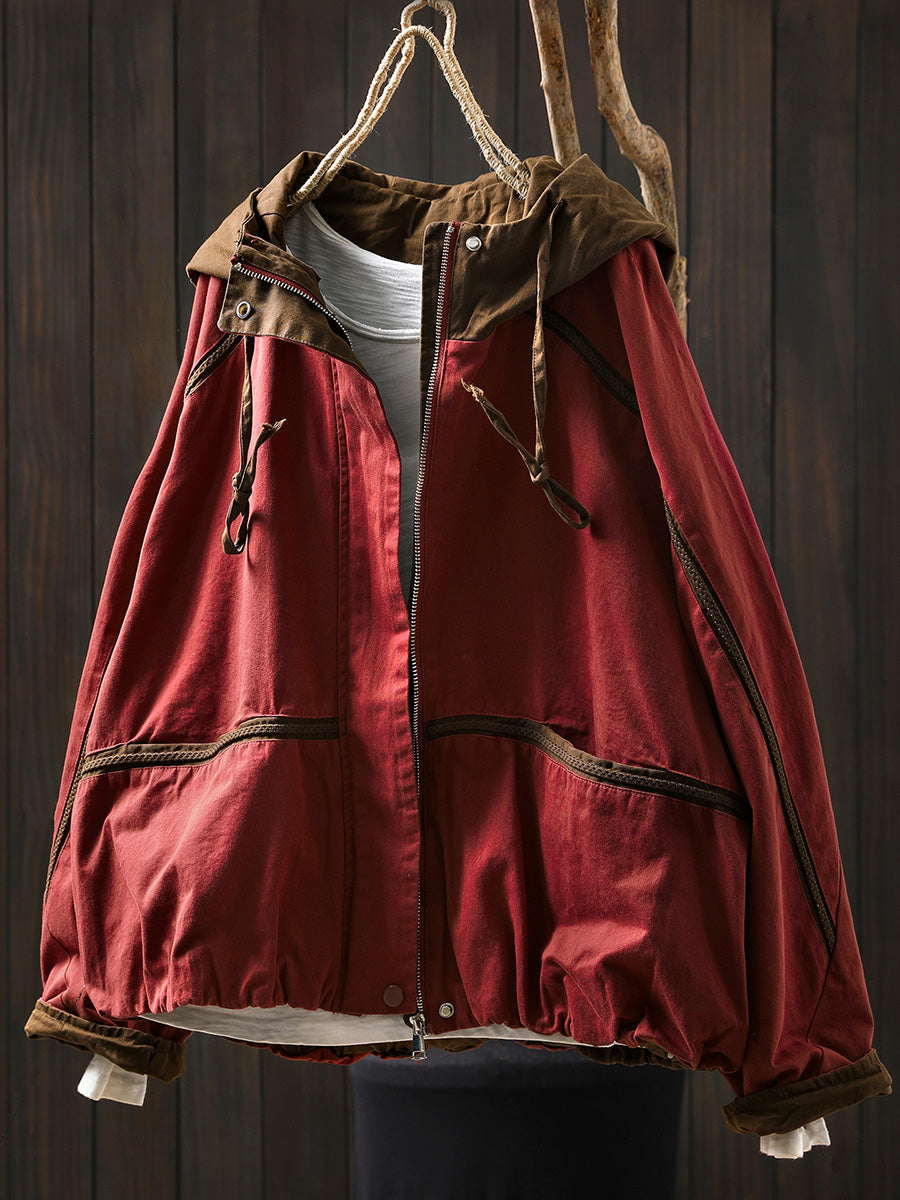 Women Autumn Colorblock Hooded Cotton Cardigan Coat