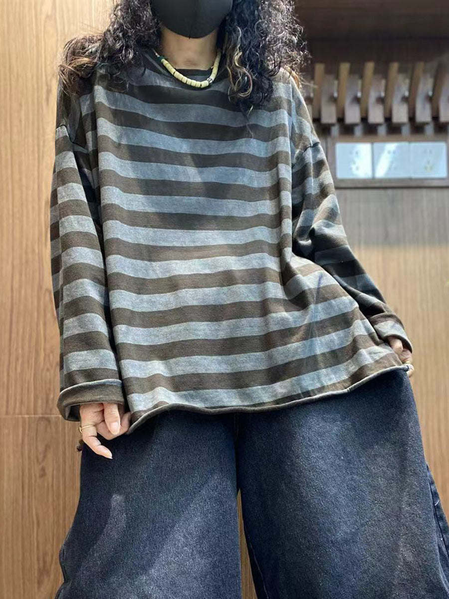 Women Autumn Casual Stripe Cotton O-Neck Shirt