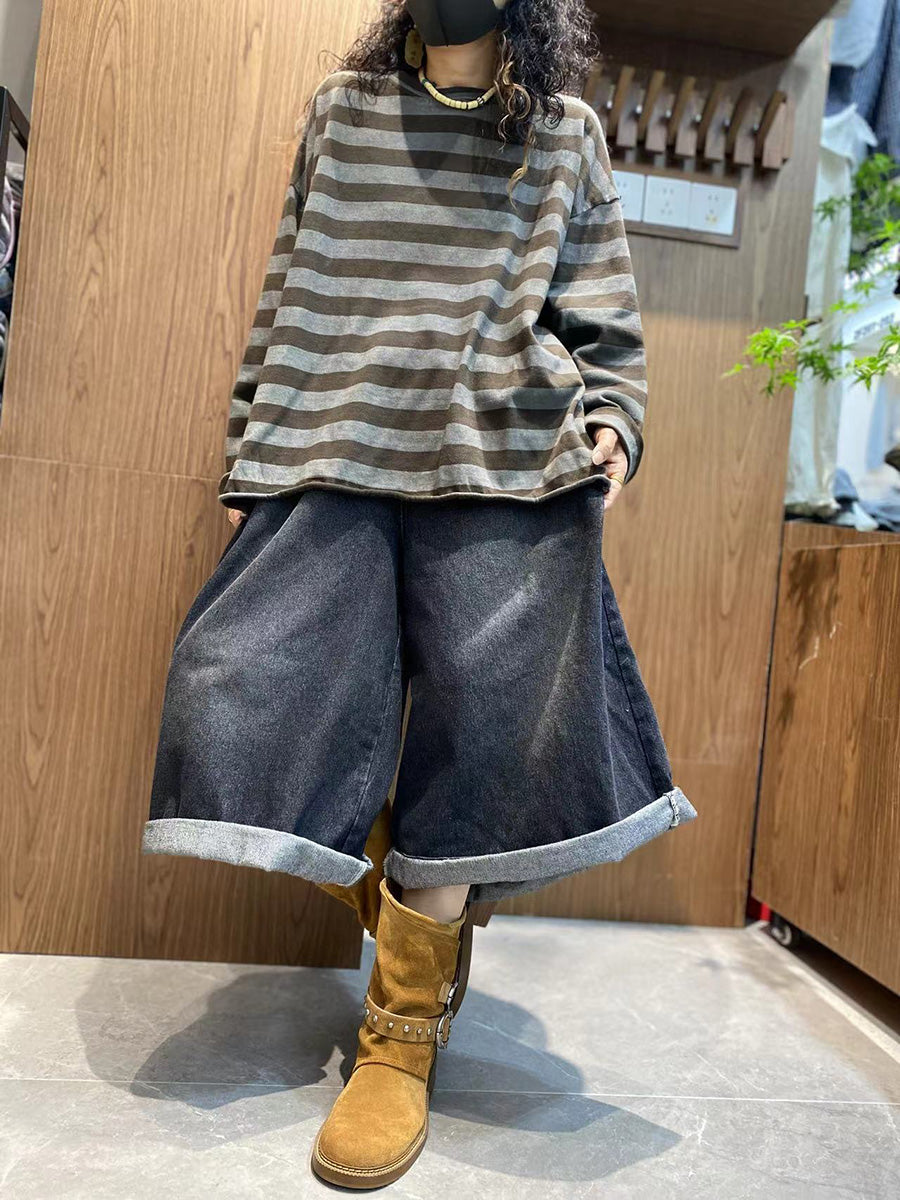 Women Autumn Casual Stripe Cotton O-Neck Shirt