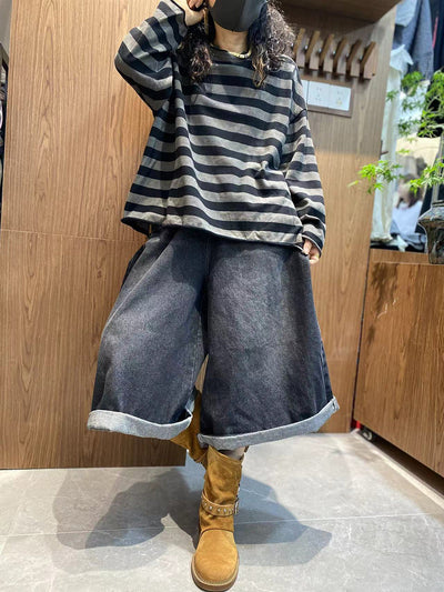 Women Autumn Casual Stripe Cotton O-Neck Shirt