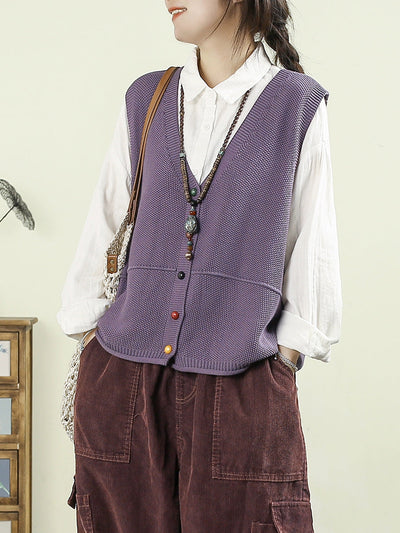 Women Autumn Casual Pure Color V-Neck Knitted Vest