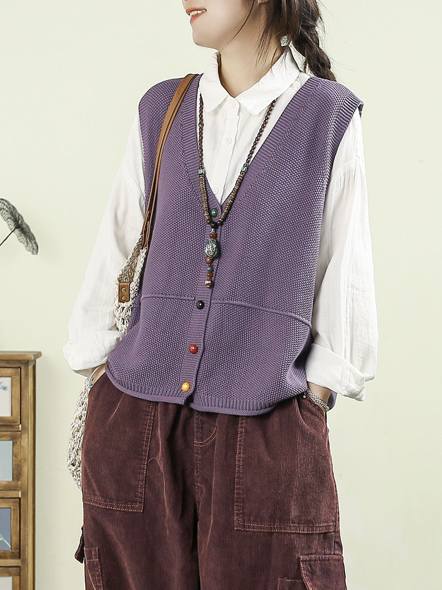 Women Autumn Casual Pure Color V-Neck Knitted Vest