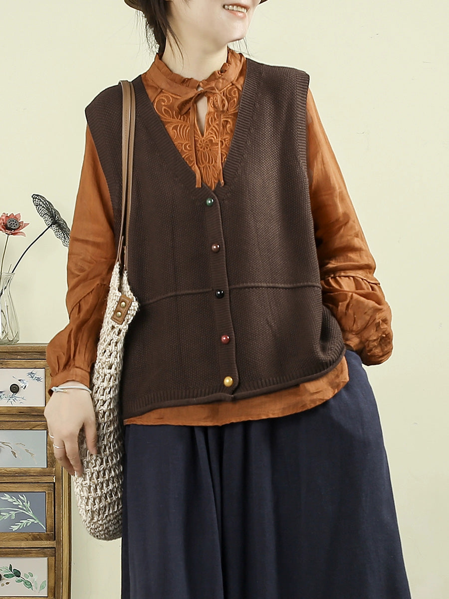 Women Autumn Casual Pure Color V-Neck Knitted Vest