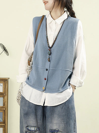Women Autumn Casual Pure Color V-Neck Knitted Vest