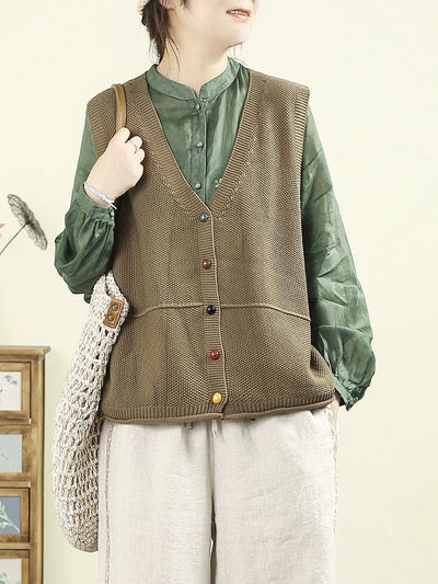 Women Autumn Casual Pure Color V-Neck Knitted Vest