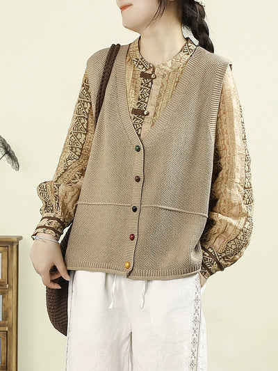 Women Autumn Casual Pure Color V-Neck Knitted Vest