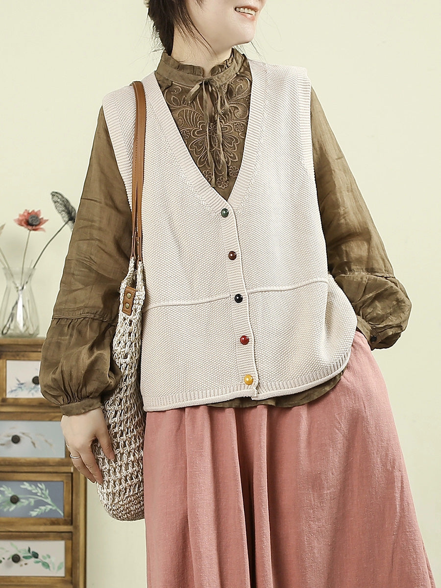 Women Autumn Casual Pure Color V-Neck Knitted Vest