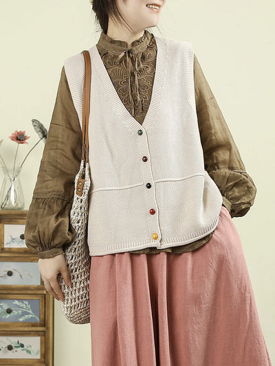 Women Autumn Casual Pure Color V-Neck Knitted Vest