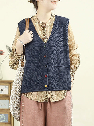 Women Autumn Casual Pure Color V-Neck Knitted Vest