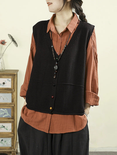 Women Autumn Casual Pure Color V-Neck Knitted Vest