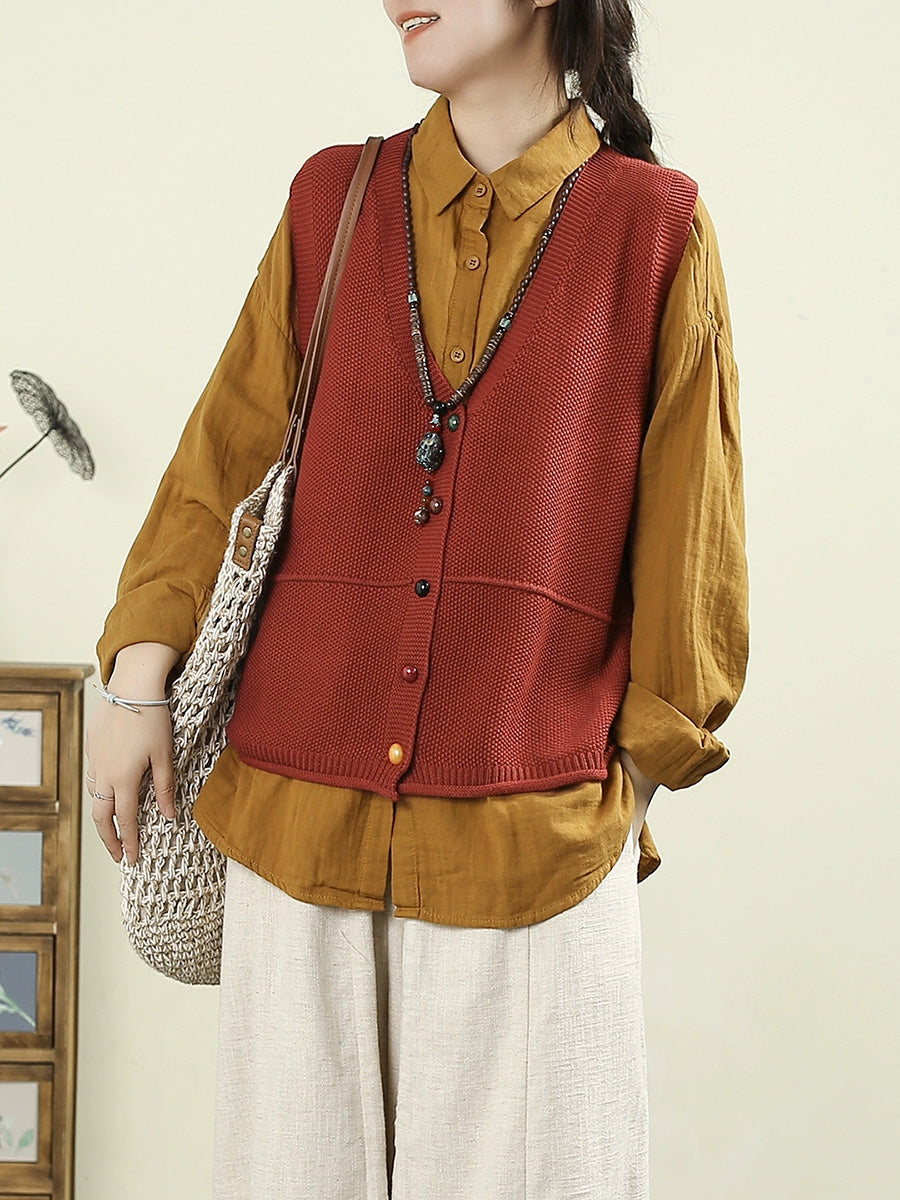 Women Autumn Casual Pure Color V-Neck Knitted Vest