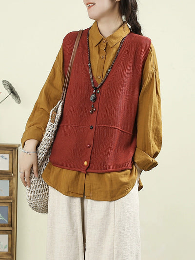 Women Autumn Casual Pure Color V-Neck Knitted Vest