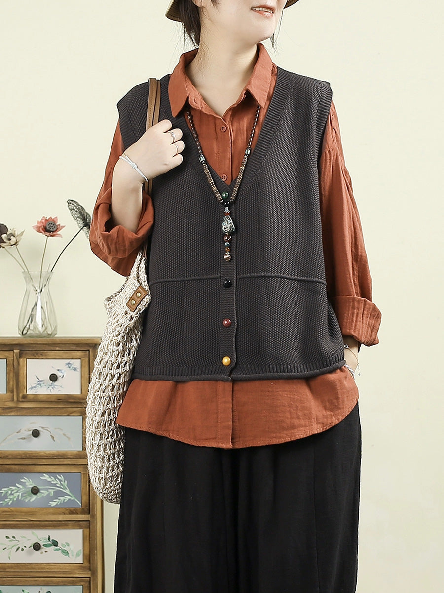 Women Autumn Casual Pure Color V-Neck Knitted Vest
