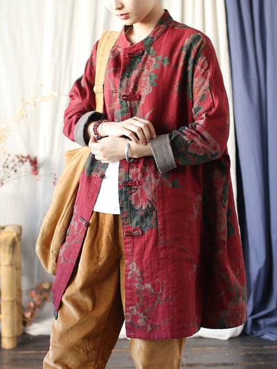 Women Autumn Ethnic Flower Stand Collar Cotton Coat