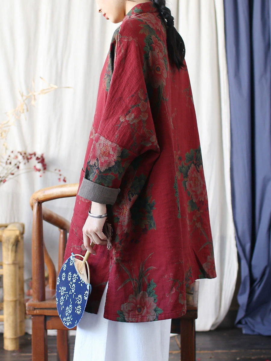 Women Autumn Ethnic Flower Stand Collar Cotton Coat
