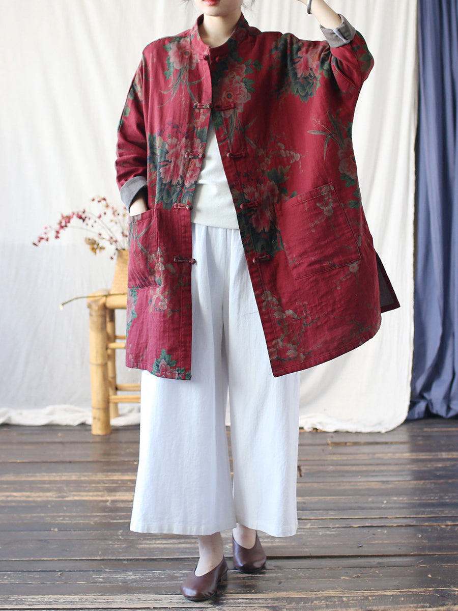 Women Autumn Ethnic Flower Stand Collar Cotton Coat