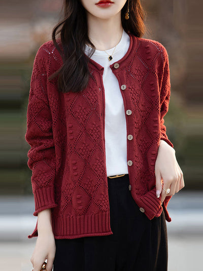 Women Autumn Artsy Knitted O-Neck Cardigan Sweater