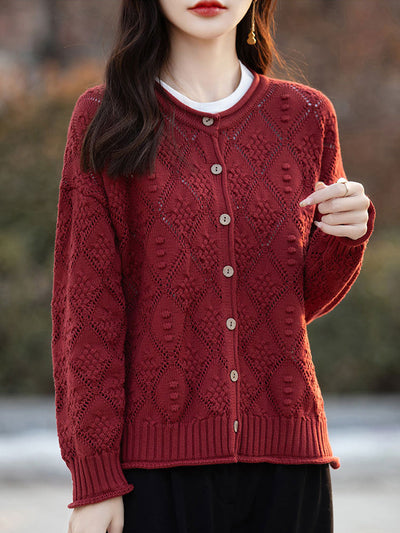 Women Autumn Artsy Knitted O-Neck Cardigan Sweater