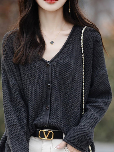 Women Autumn Casual Knitted V-Neck Cardigan Sweater
