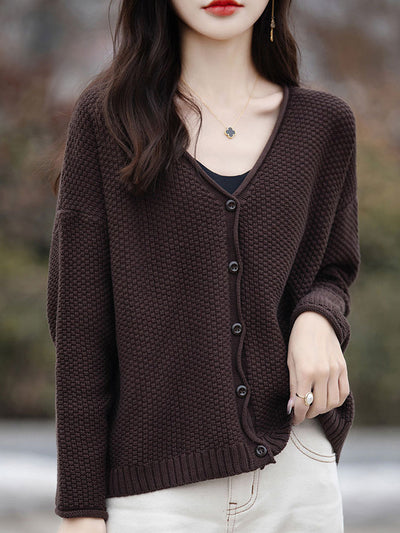 Women Autumn Casual Knitted V-Neck Cardigan Sweater