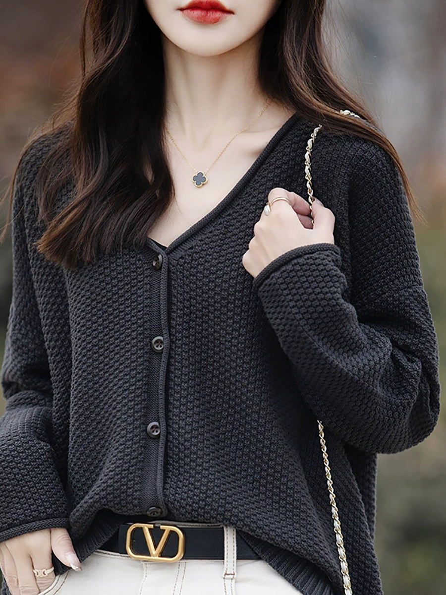 Women Autumn Casual Knitted V-Neck Cardigan Sweater