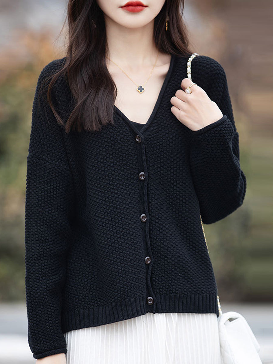 Women Autumn Casual Knitted V-Neck Cardigan Sweater