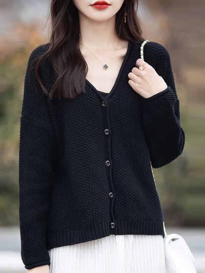 Women Autumn Casual Knitted V-Neck Cardigan Sweater