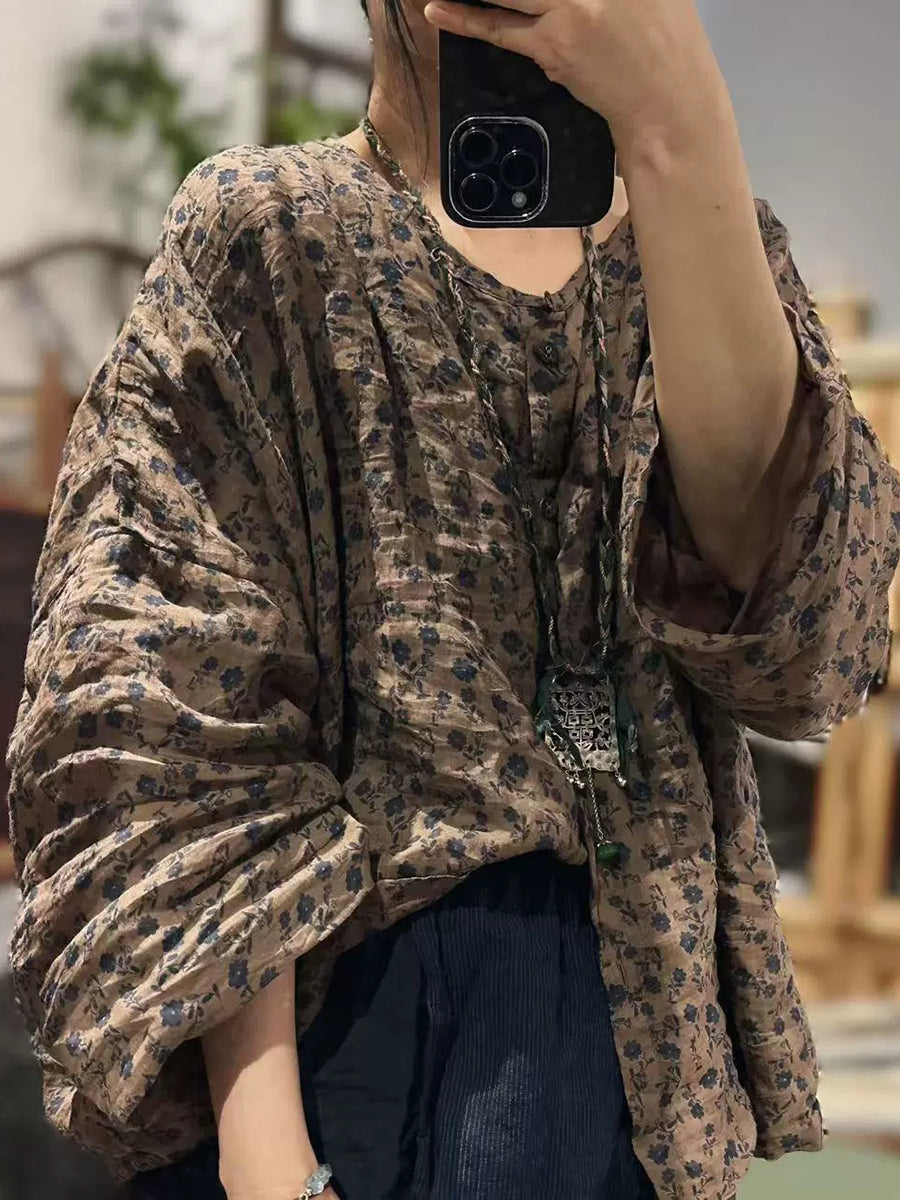 Women Artsy Floral Ramie O-Neck Shirt