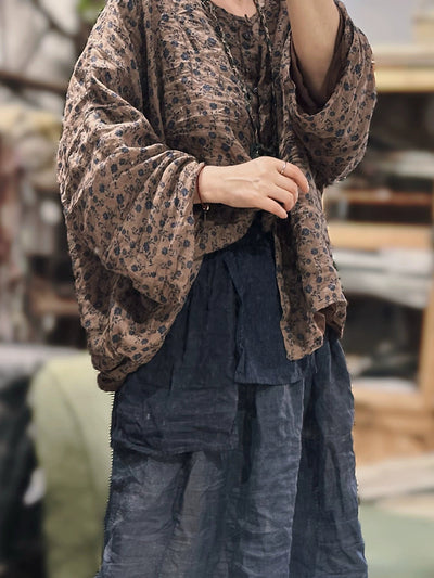 Women Artsy Floral Ramie O-Neck Shirt