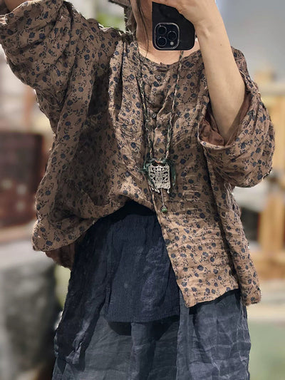 Women Artsy Floral Ramie O-Neck Shirt