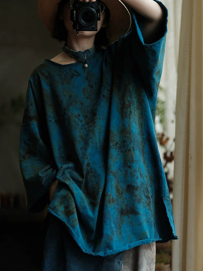 Women Autumn Vintage O-Neck Tie-dye Cotton Shirt