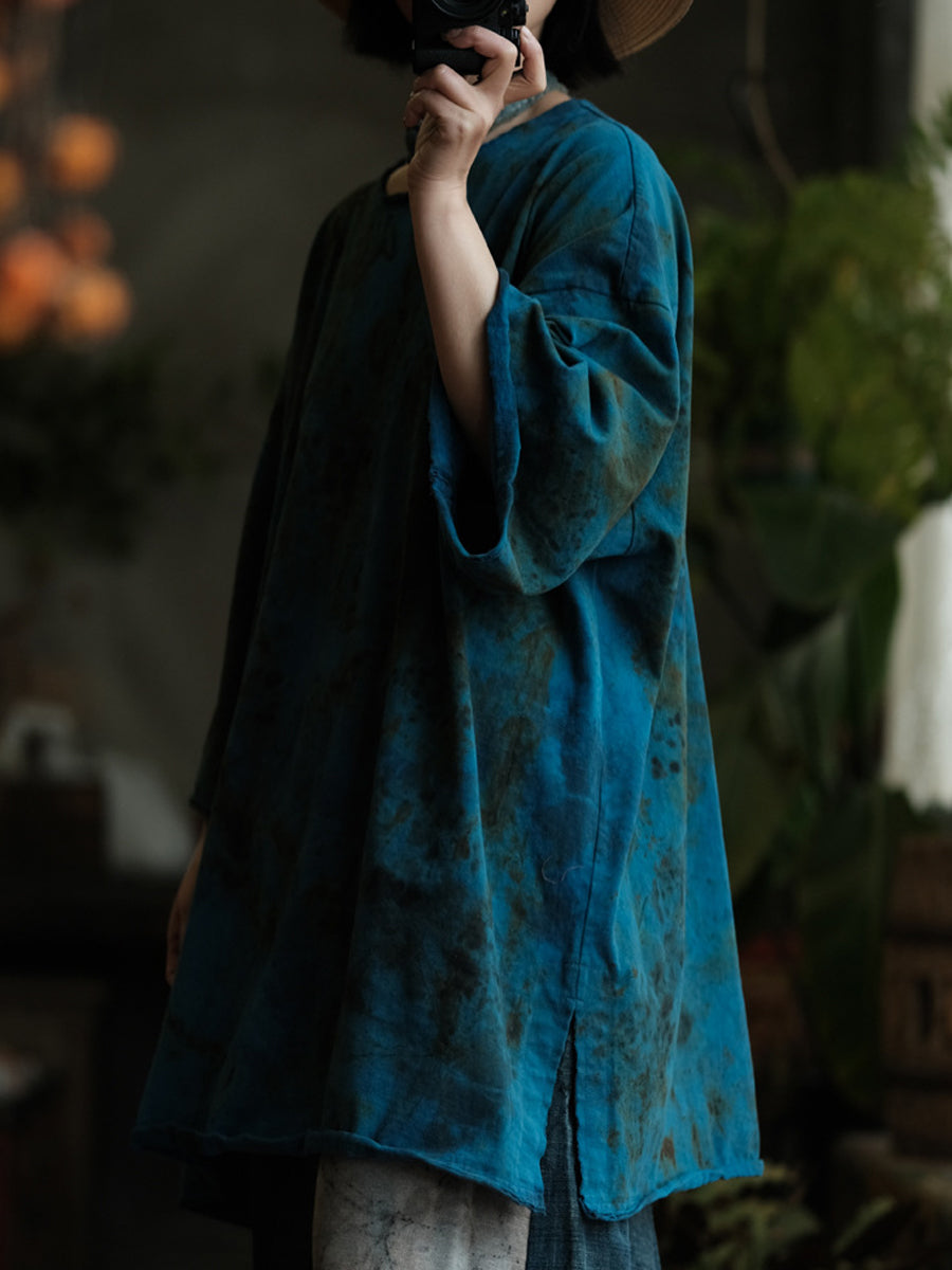 Women Autumn Vintage O-Neck Tie-dye Cotton Shirt