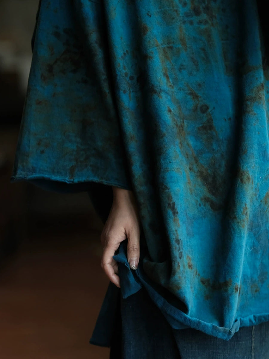 Women Autumn Vintage O-Neck Tie-dye Cotton Shirt