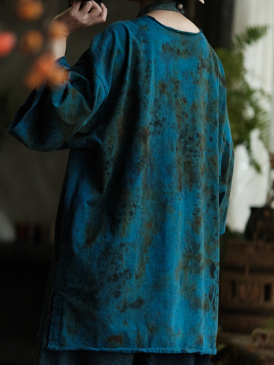 Women Autumn Vintage O-Neck Tie-dye Cotton Shirt