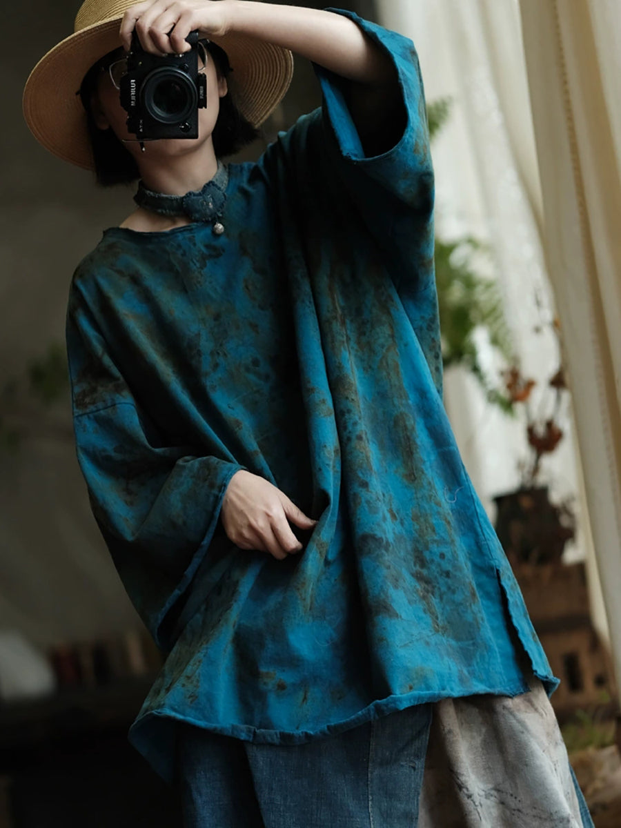 Women Autumn Vintage O-Neck Tie-dye Cotton Shirt